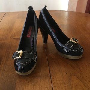 BETSEYVILLE Black with Gold Buckle Heels